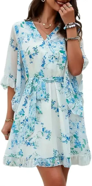 Lightweight Dress Floral Print V Neck Vacation Dress with Lace-Up Belt Ruffle Detail Women's A-Line Mini Dress Summer Beach