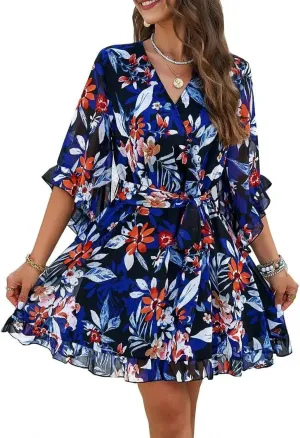 Lightweight Dress Floral Print V Neck Vacation Dress with Lace-Up Belt Ruffle Detail Women's A-Line Mini Dress Summer Beach
