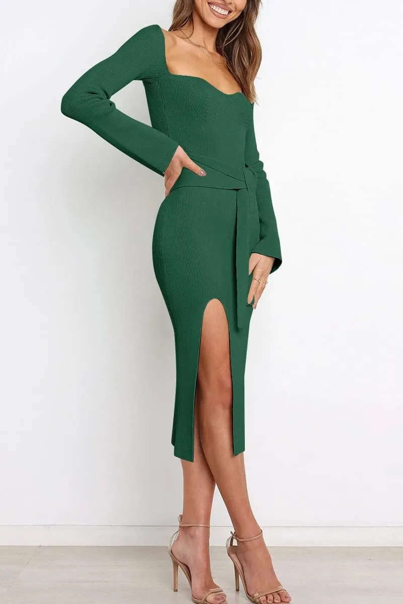 LILLUSORY Women's Sweetheart Neckline Midi Dress Long Sleeve Ribbed Knit Sweater Outfits with Slit and Belt 2024 Spring