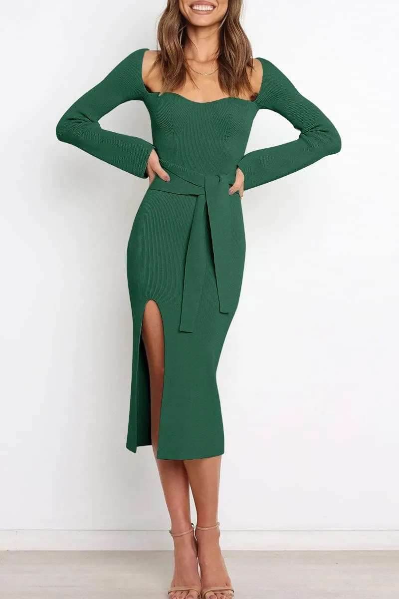 LILLUSORY Women's Sweetheart Neckline Midi Dress Long Sleeve Ribbed Knit Sweater Outfits with Slit and Belt 2024 Spring