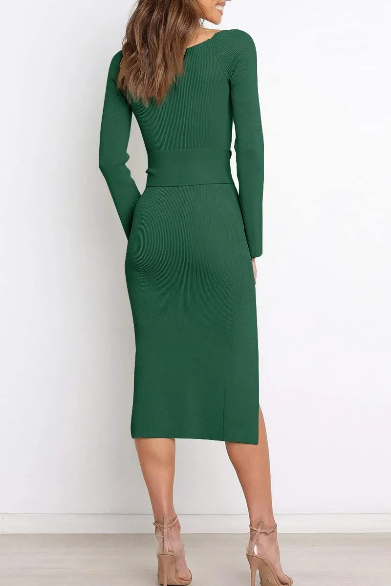 LILLUSORY Women's Sweetheart Neckline Midi Dress Long Sleeve Ribbed Knit Sweater Outfits with Slit and Belt 2024 Spring