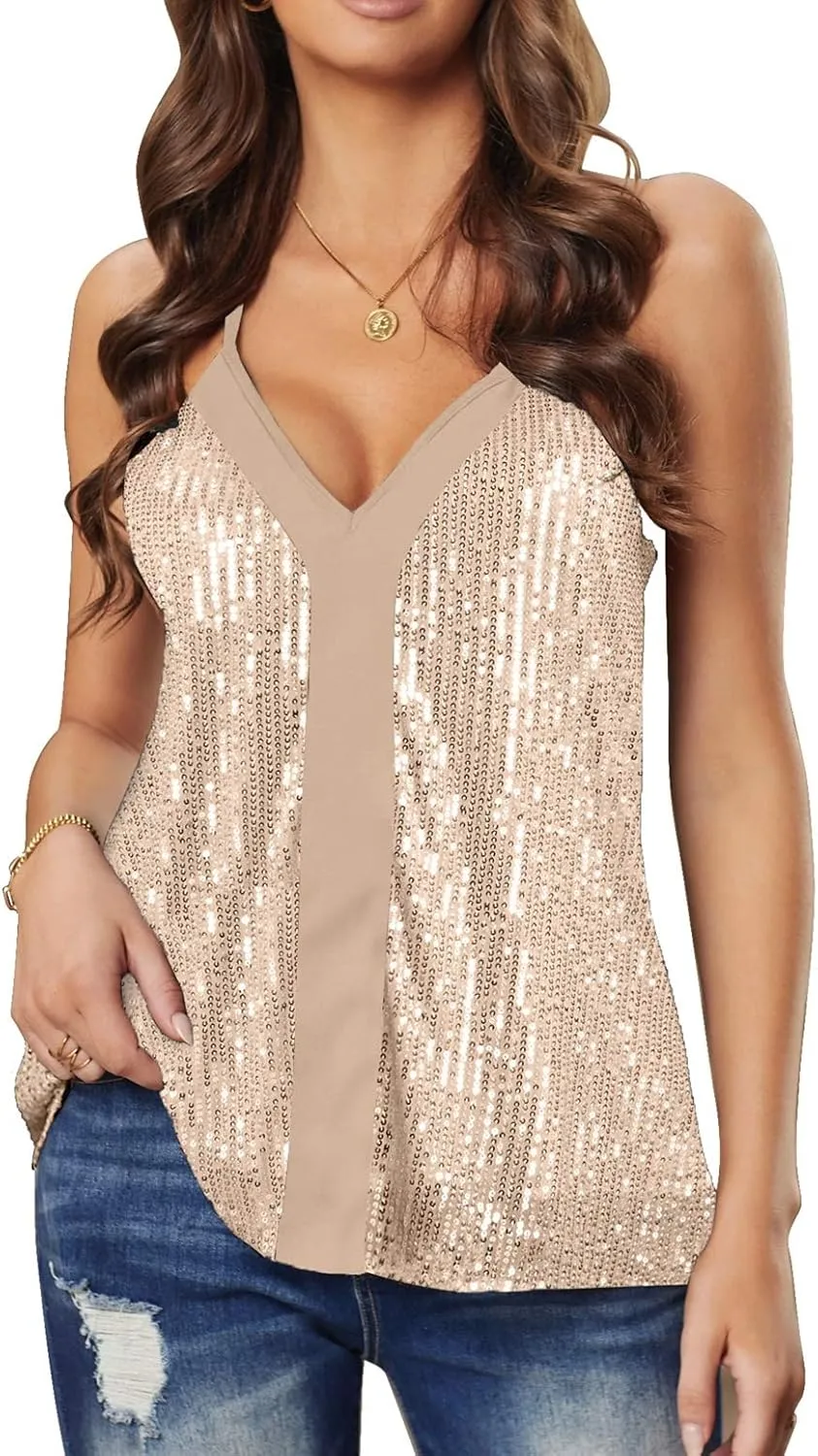 lime flare Women Sexy Sparkle All Over Sequin Cami Tank Tops