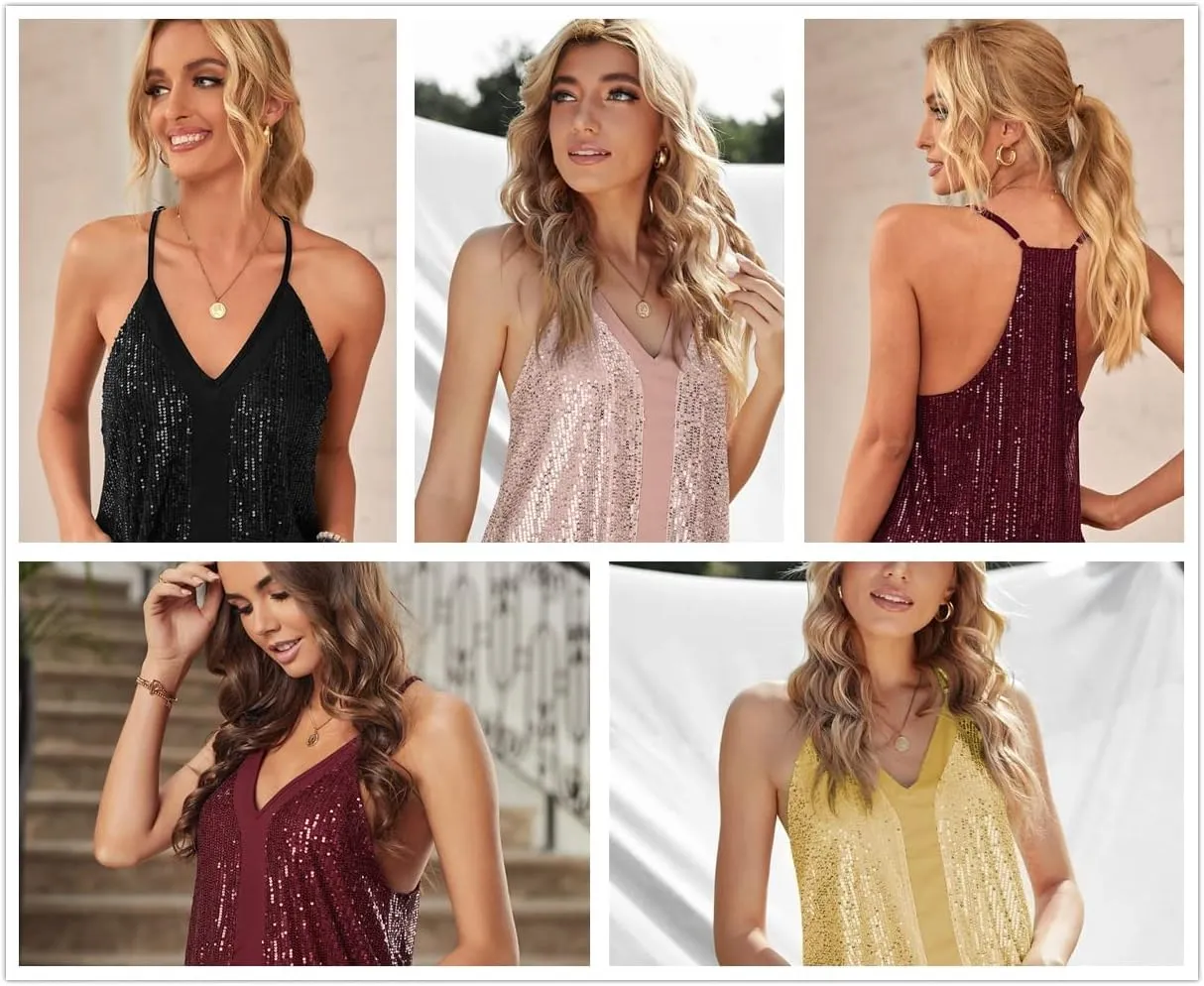 lime flare Women Sexy Sparkle All Over Sequin Cami Tank Tops