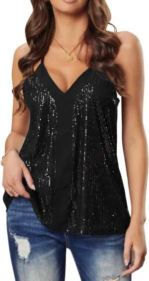 lime flare Women Sexy Sparkle All Over Sequin Cami Tank Tops
