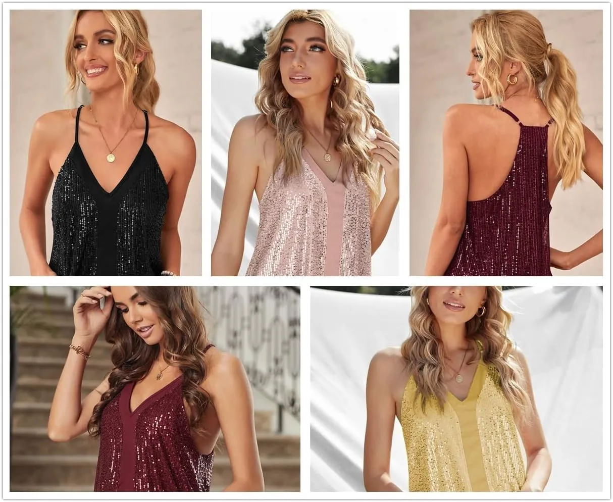 lime flare Women Sexy Sparkle All Over Sequin Cami Tank Tops