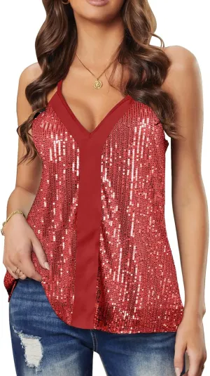 lime flare Women Sexy Sparkle All Over Sequin Cami Tank Tops