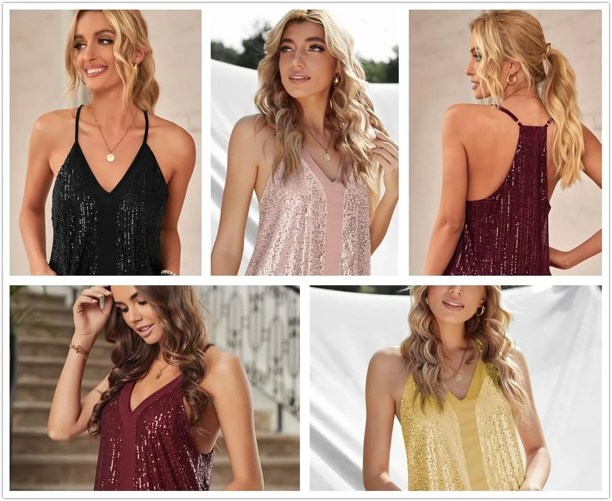 lime flare Women Sexy Sparkle All Over Sequin Cami Tank Tops