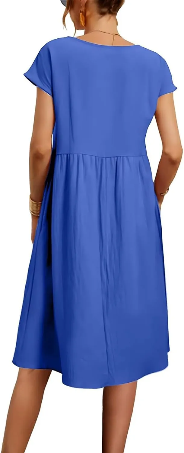 Linen Dresses for Women 2025 Summer Cotton Short Sleeve Crewneck Midi Dress Casual Loose Flowy Beach Sundresses with Pockets