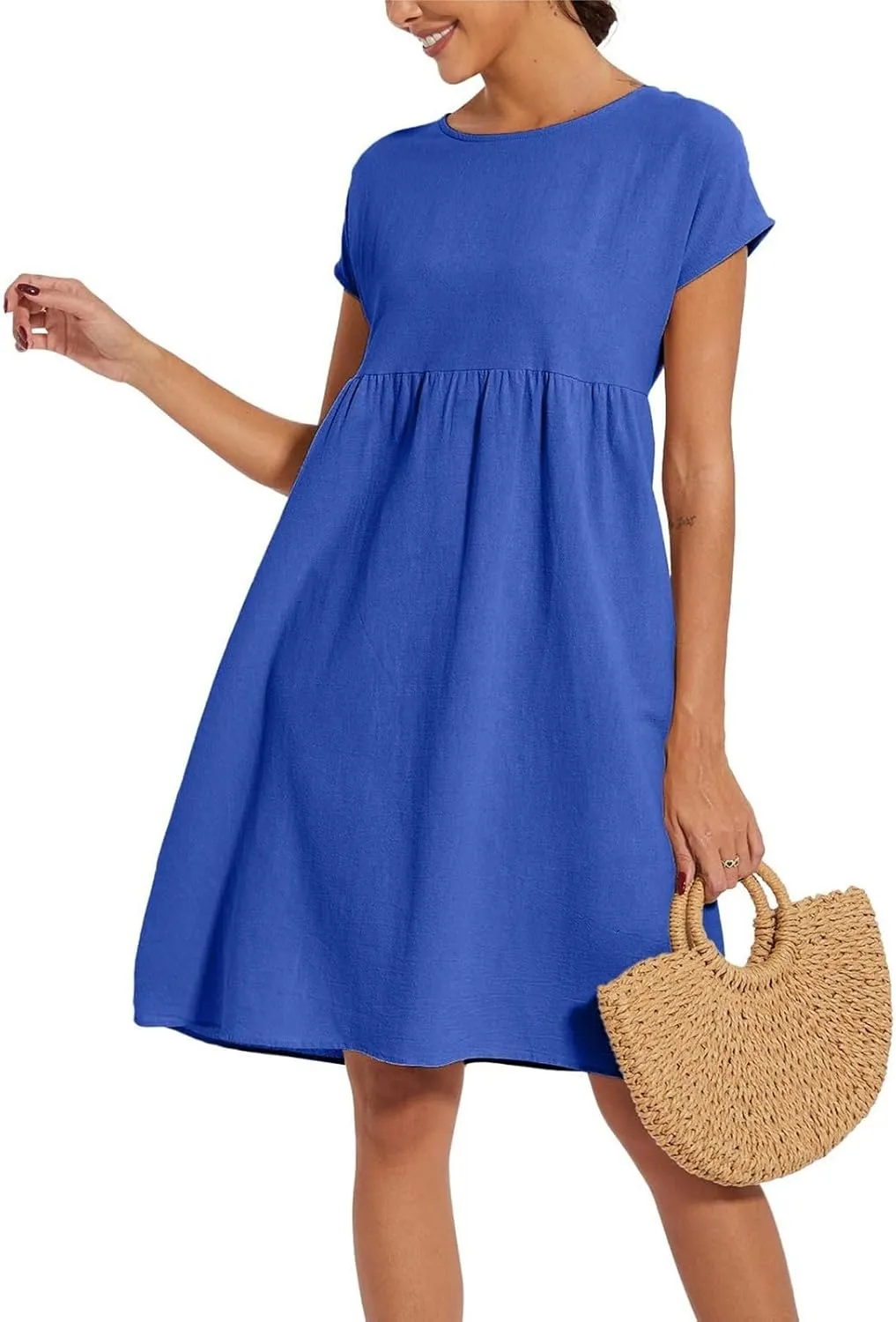 Linen Dresses for Women 2025 Summer Cotton Short Sleeve Crewneck Midi Dress Casual Loose Flowy Beach Sundresses with Pockets