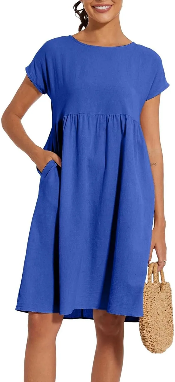 Linen Dresses for Women 2025 Summer Cotton Short Sleeve Crewneck Midi Dress Casual Loose Flowy Beach Sundresses with Pockets