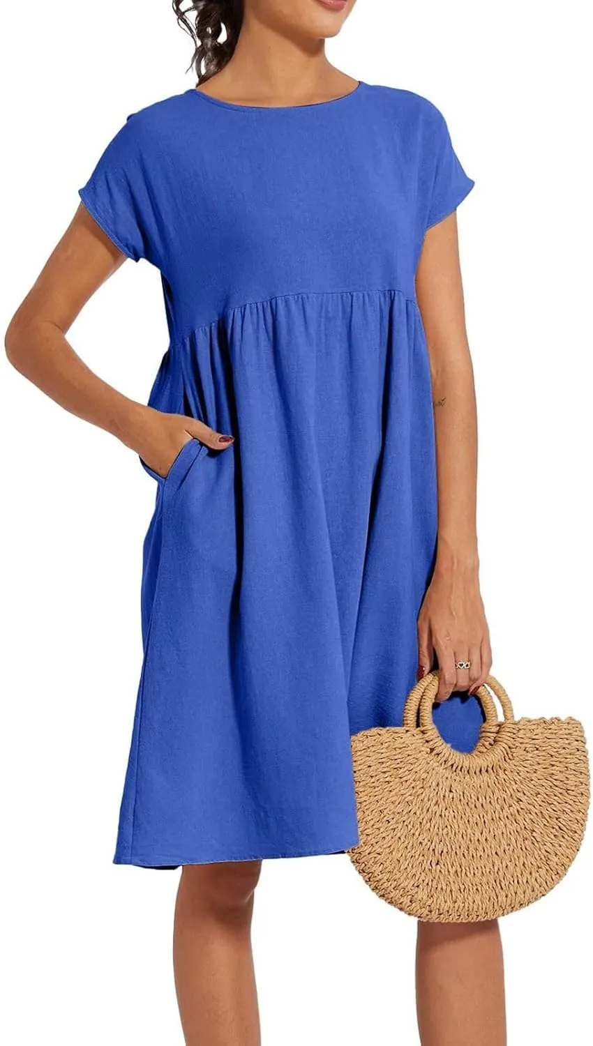 Linen Dresses for Women 2025 Summer Cotton Short Sleeve Crewneck Midi Dress Casual Loose Flowy Beach Sundresses with Pockets