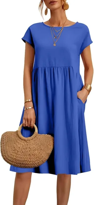 Linen Dresses for Women 2025 Summer Cotton Short Sleeve Crewneck Midi Dress Casual Loose Flowy Beach Sundresses with Pockets