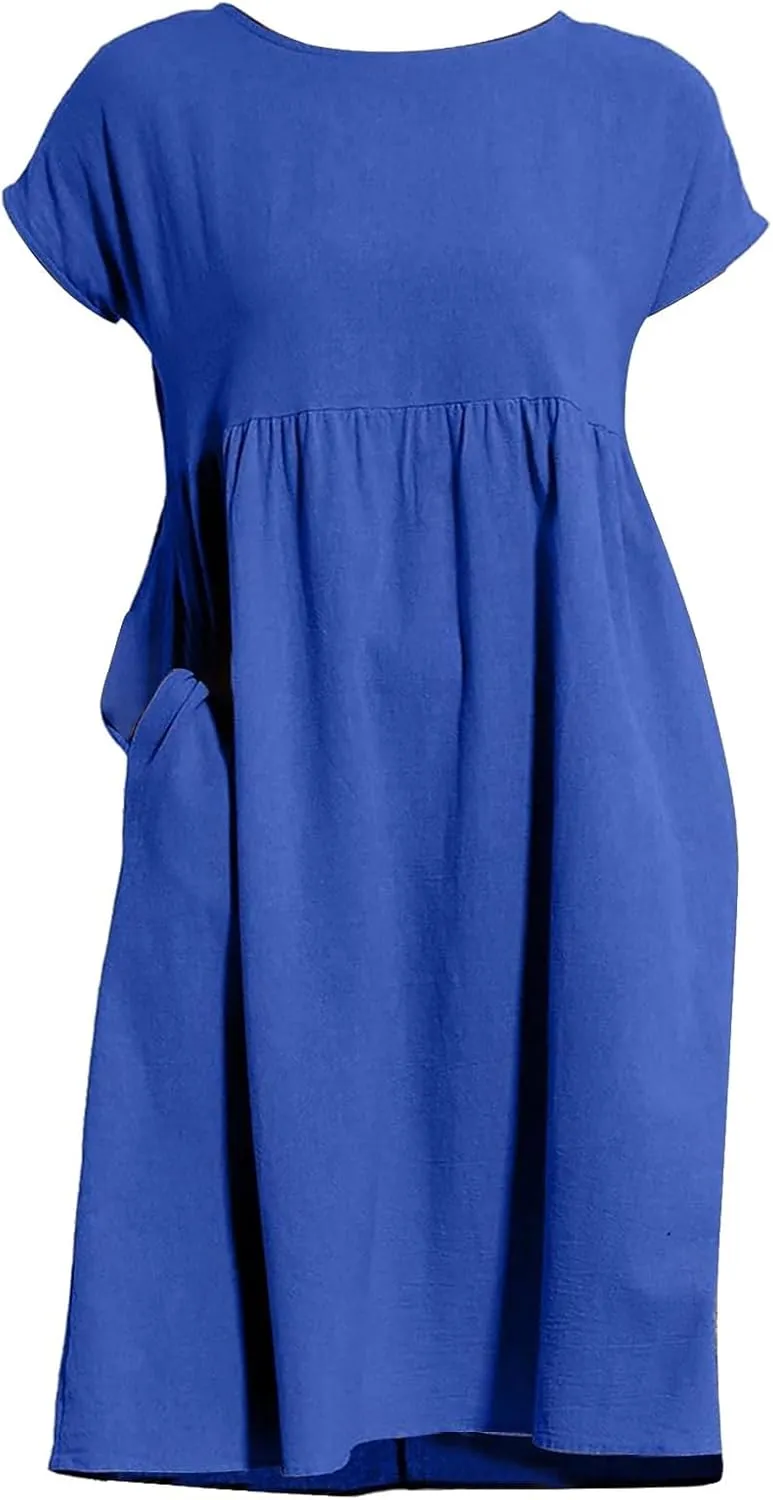 Linen Dresses for Women 2025 Summer Cotton Short Sleeve Crewneck Midi Dress Casual Loose Flowy Beach Sundresses with Pockets