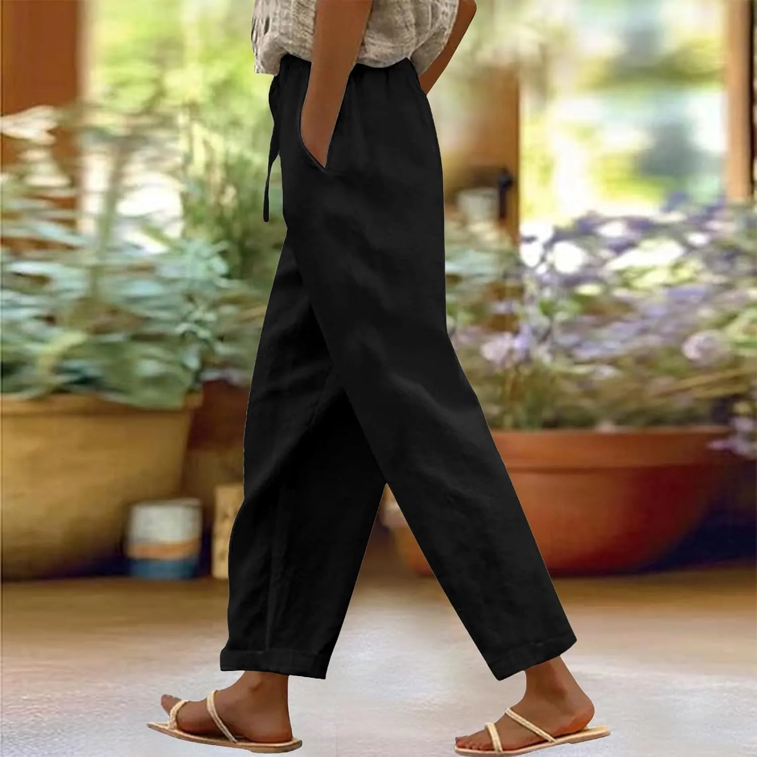 Linen Pants Women 2025 Summer Casual Elastic Waist Straight Leg Lounge Pant Plus Size Loose Drawstring Beach Trousers