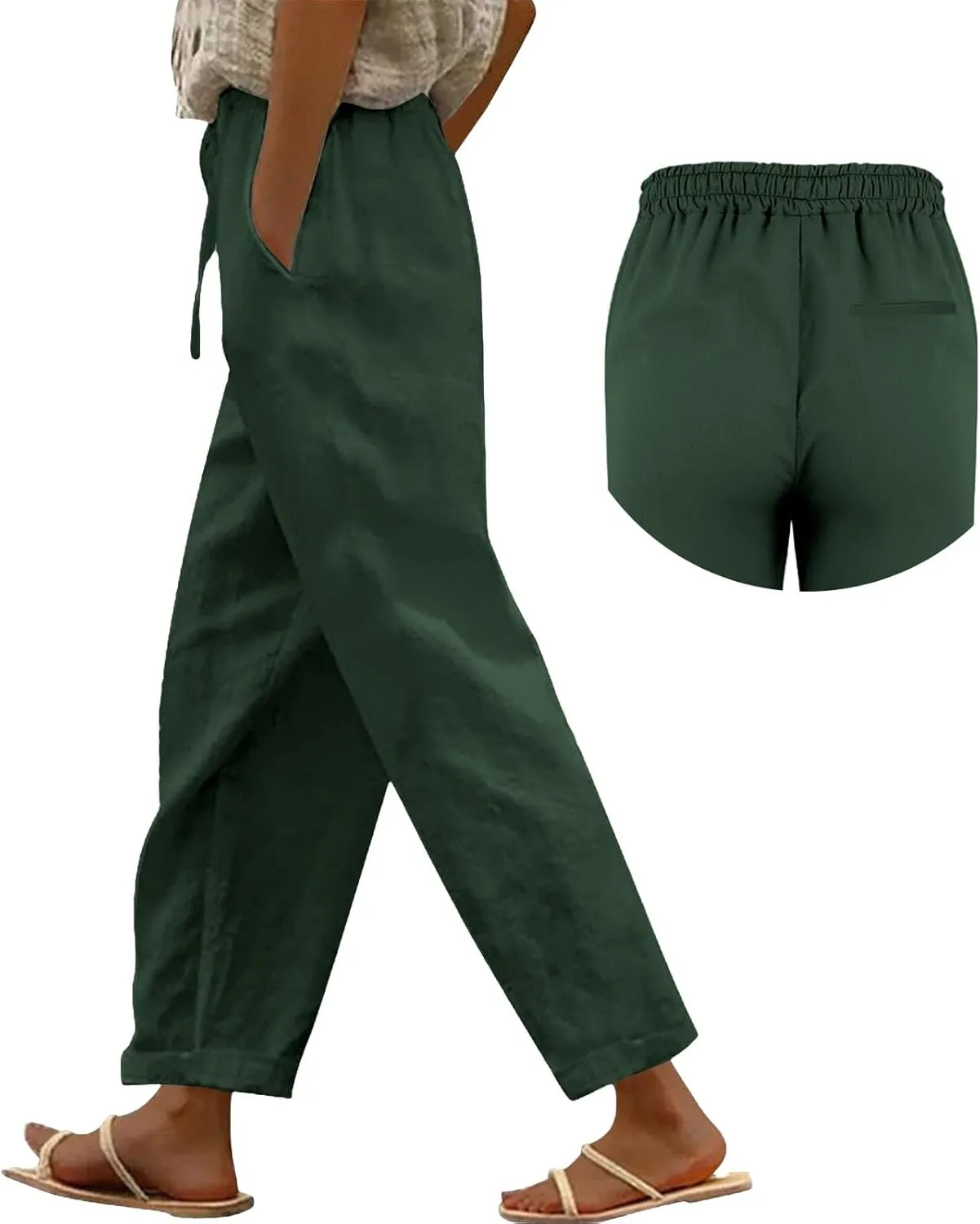 Linen Pants Women 2025 Summer Casual Elastic Waist Straight Leg Lounge Pant Plus Size Loose Drawstring Beach Trousers