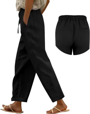 Linen Pants Women 2025 Summer Casual Elastic Waist Straight Leg Lounge Pant Plus Size Loose Drawstring Beach Trousers