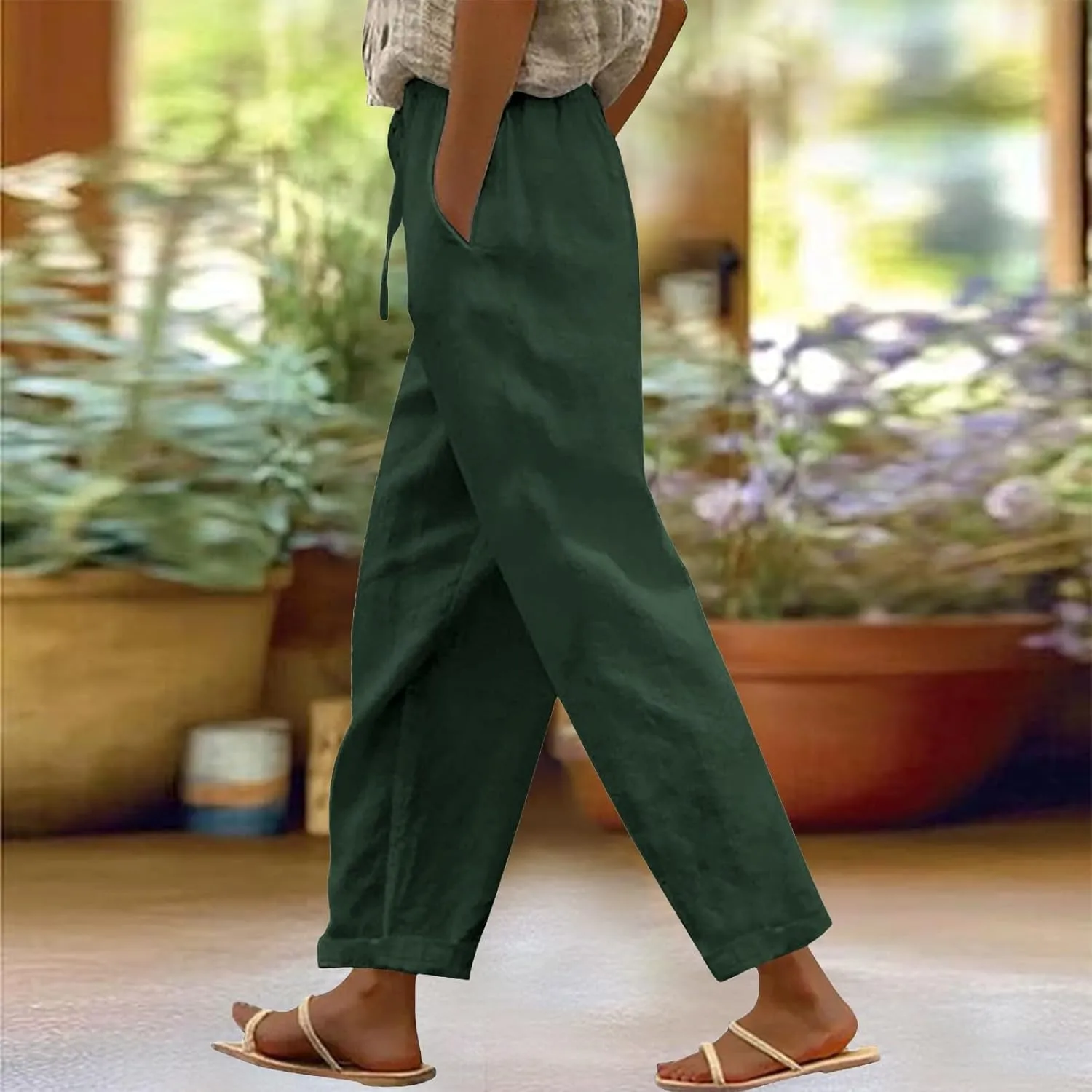 Linen Pants Women 2025 Summer Casual Elastic Waist Straight Leg Lounge Pant Plus Size Loose Drawstring Beach Trousers