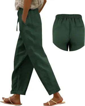 Linen Pants Women 2025 Summer Casual Elastic Waist Straight Leg Lounge Pant Plus Size Loose Drawstring Beach Trousers