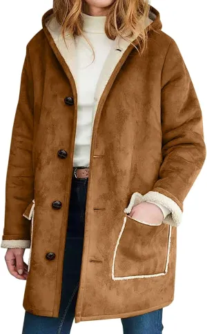 Litetao Womens Winter Coats Plus Size Fuzzy Long Sleeve Shirts Soft Winter Warm Hooded Jacket Outerwear With Pocket