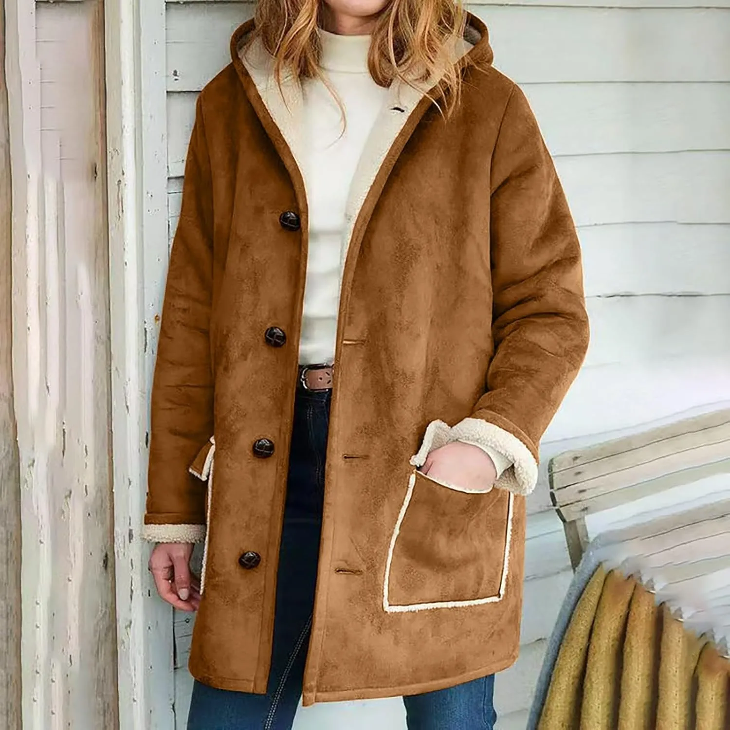 Litetao Womens Winter Coats Plus Size Fuzzy Long Sleeve Shirts Soft Winter Warm Hooded Jacket Outerwear With Pocket