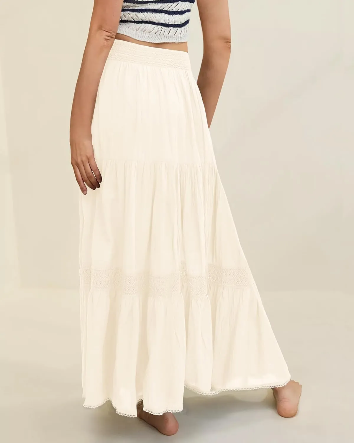 Locachy Women's Boho Tiered Elastic Waist A-Line Maxi Skirts Casual Lace Flowy Pleated Midi Dress