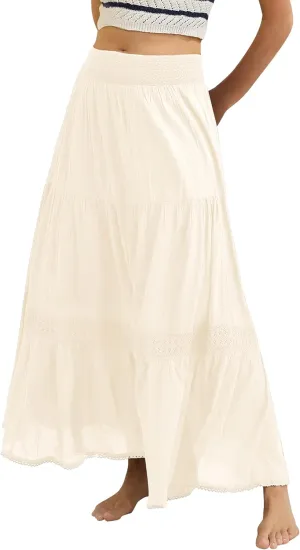 Locachy Women's Boho Tiered Elastic Waist A-Line Maxi Skirts Casual Lace Flowy Pleated Midi Dress