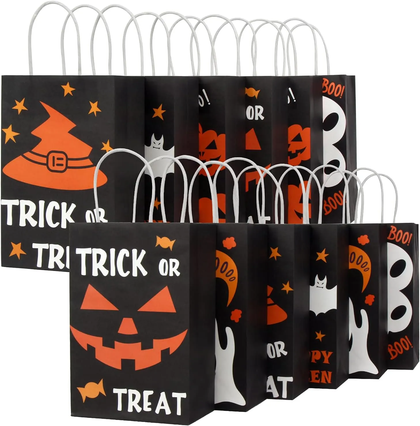 LOKIPA Halloween Paper Gift Bags, 24 Halloween Paper Bags with Handle, Reusable Kraft Paper Treat Goody Bags for Kids,Trick or Treat and Party Favors