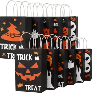 LOKIPA Halloween Paper Gift Bags, 24 Halloween Paper Bags with Handle, Reusable Kraft Paper Treat Goody Bags for Kids,Trick or Treat and Party Favors
