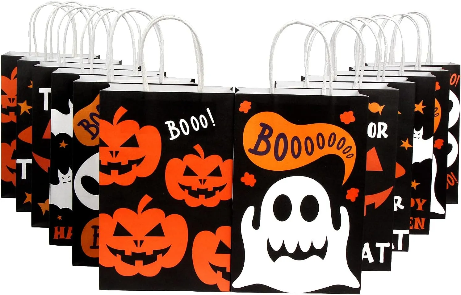 LOKIPA Halloween Paper Gift Bags, 24 Halloween Paper Bags with Handle, Reusable Kraft Paper Treat Goody Bags for Kids,Trick or Treat and Party Favors