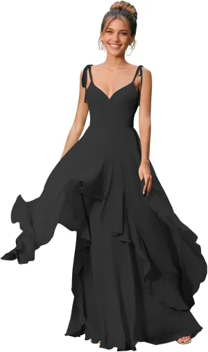 Long Puffy Tiered A Line Bridesmaid Dresses for Women Adjustable Straps Chiffon Formal Evening Party Gowns