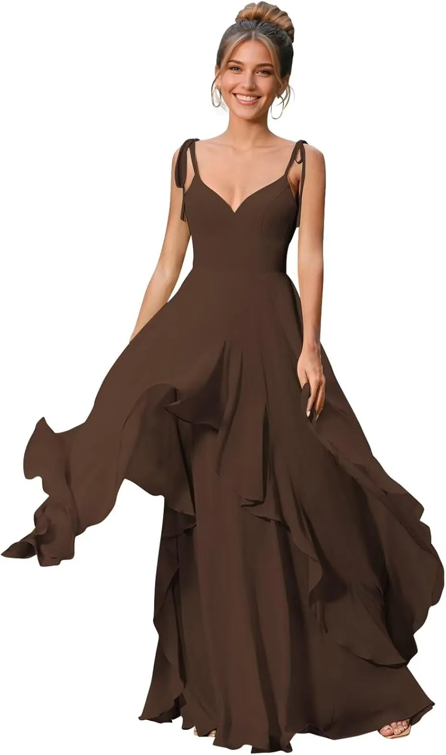 Long Puffy Tiered A Line Bridesmaid Dresses for Women Adjustable Straps Chiffon Formal Evening Party Gowns