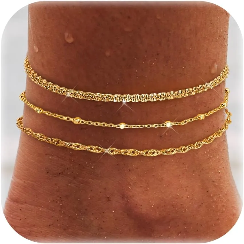 LOYALLOOK Gold Ankle Bracelets for Women, 14K Gold Plated Layered Anklets for Women Waterproof, Adjustable Beaded Herringbone Paperclip Cuban Link Anklet Set, Summer Beach Foot Jewelry for Women