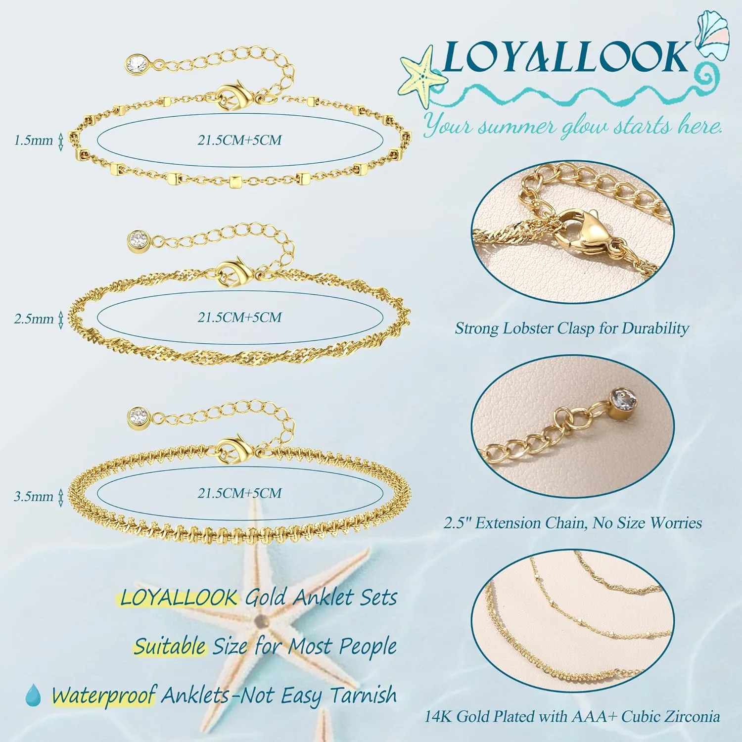 LOYALLOOK Gold Ankle Bracelets for Women, 14K Gold Plated Layered Anklets for Women Waterproof, Adjustable Beaded Herringbone Paperclip Cuban Link Anklet Set, Summer Beach Foot Jewelry for Women