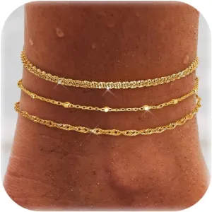 LOYALLOOK Gold Ankle Bracelets for Women, 14K Gold Plated Layered Anklets for Women Waterproof, Adjustable Beaded Herringbone Paperclip Cuban Link Anklet Set, Summer Beach Foot Jewelry for Women