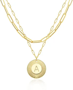 LOYATA Layered Choker Necklace Gold Flower Initial Coin Pendant 2 Layer 14K Gold Plated Dainty Paperclip Chain Personalized Jewelry Gift for Women Letter A-Z