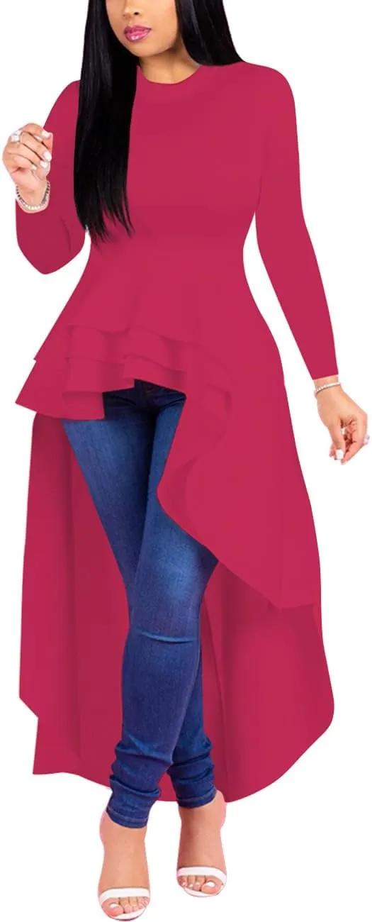 Lrady Womens Casual Shirt Dress High Low Ruffle Blouse Asymmetrical Peplum Tops Long Tunic Dresses