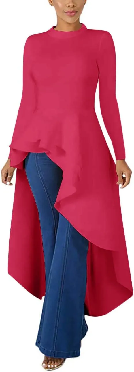 Lrady Womens Casual Shirt Dress High Low Ruffle Blouse Asymmetrical Peplum Tops Long Tunic Dresses