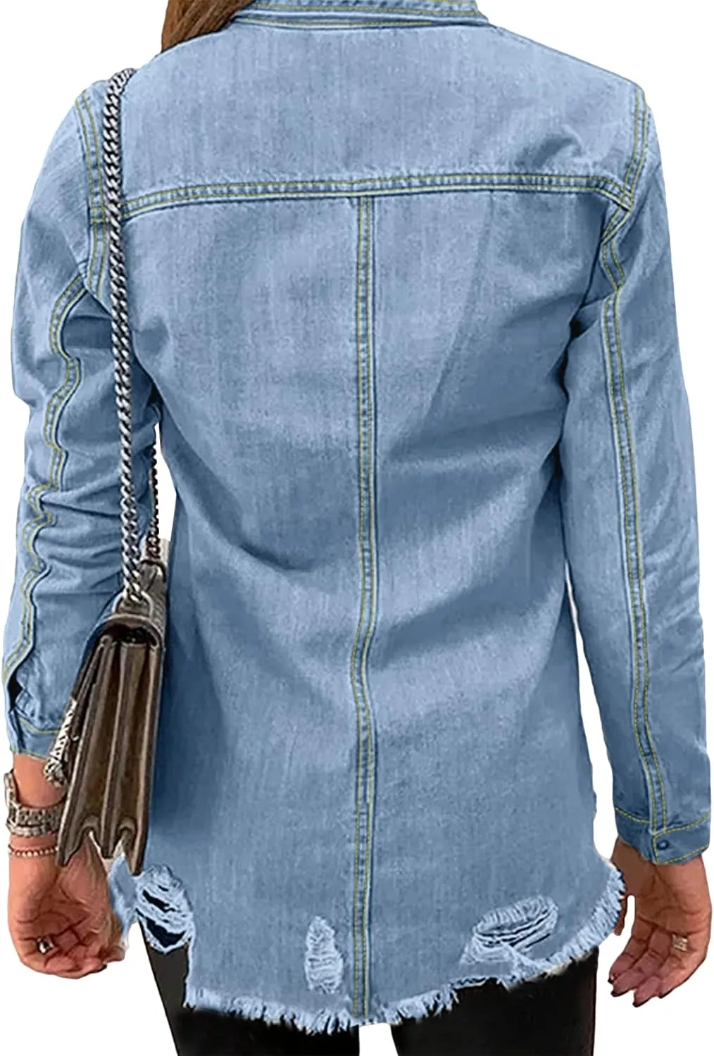 luvamia Womens Denim Jacket Distressed Button Down Jean Shirt For Women Ripped Shacket Coat