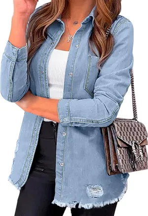 luvamia Womens Denim Jacket Distressed Button Down Jean Shirt For Women Ripped Shacket Coat