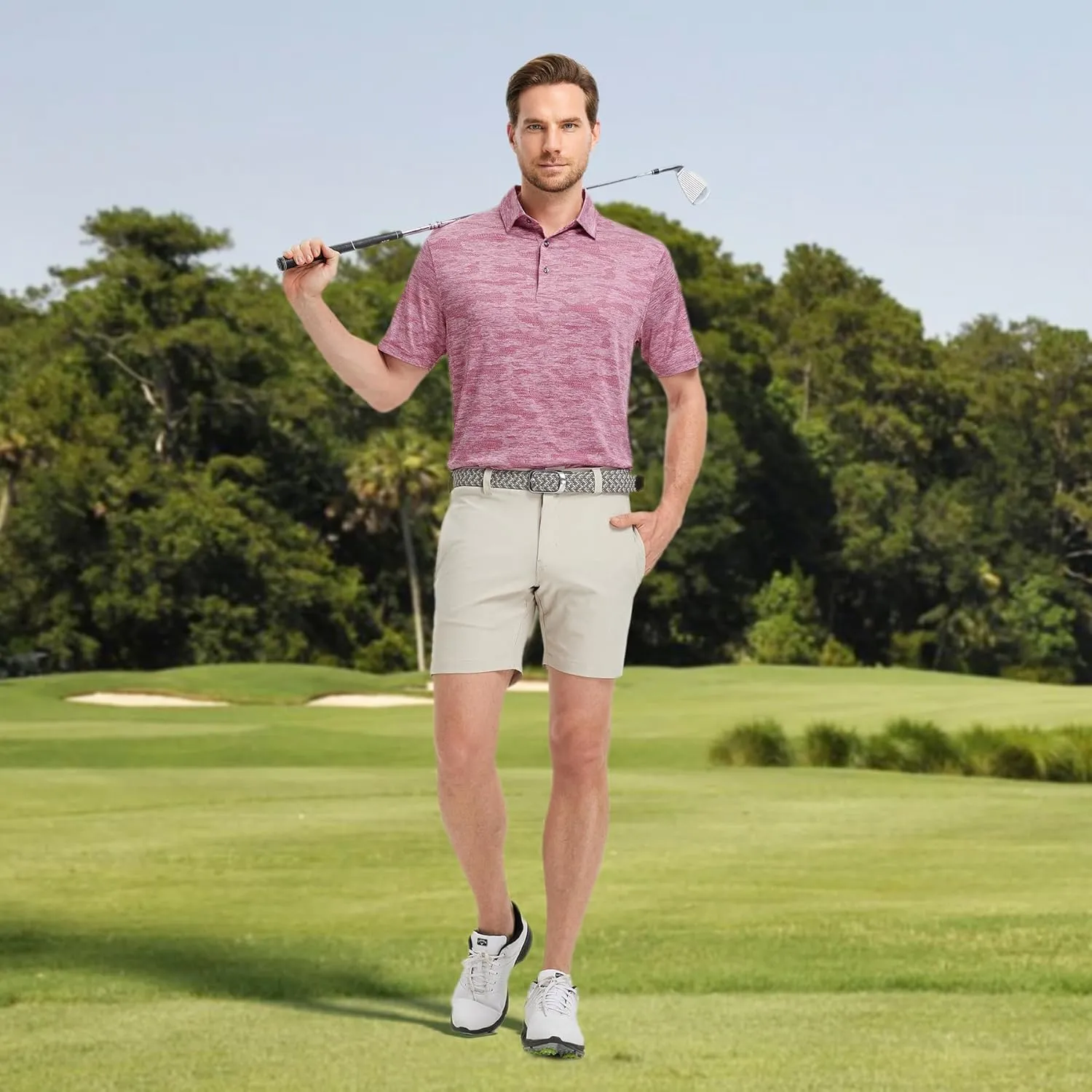 M MAELREG Golf Shirts for Men Short Sleeve Heather Jacquard Textured Stretch Moisture Wicking Performance Mens Polo Shirts