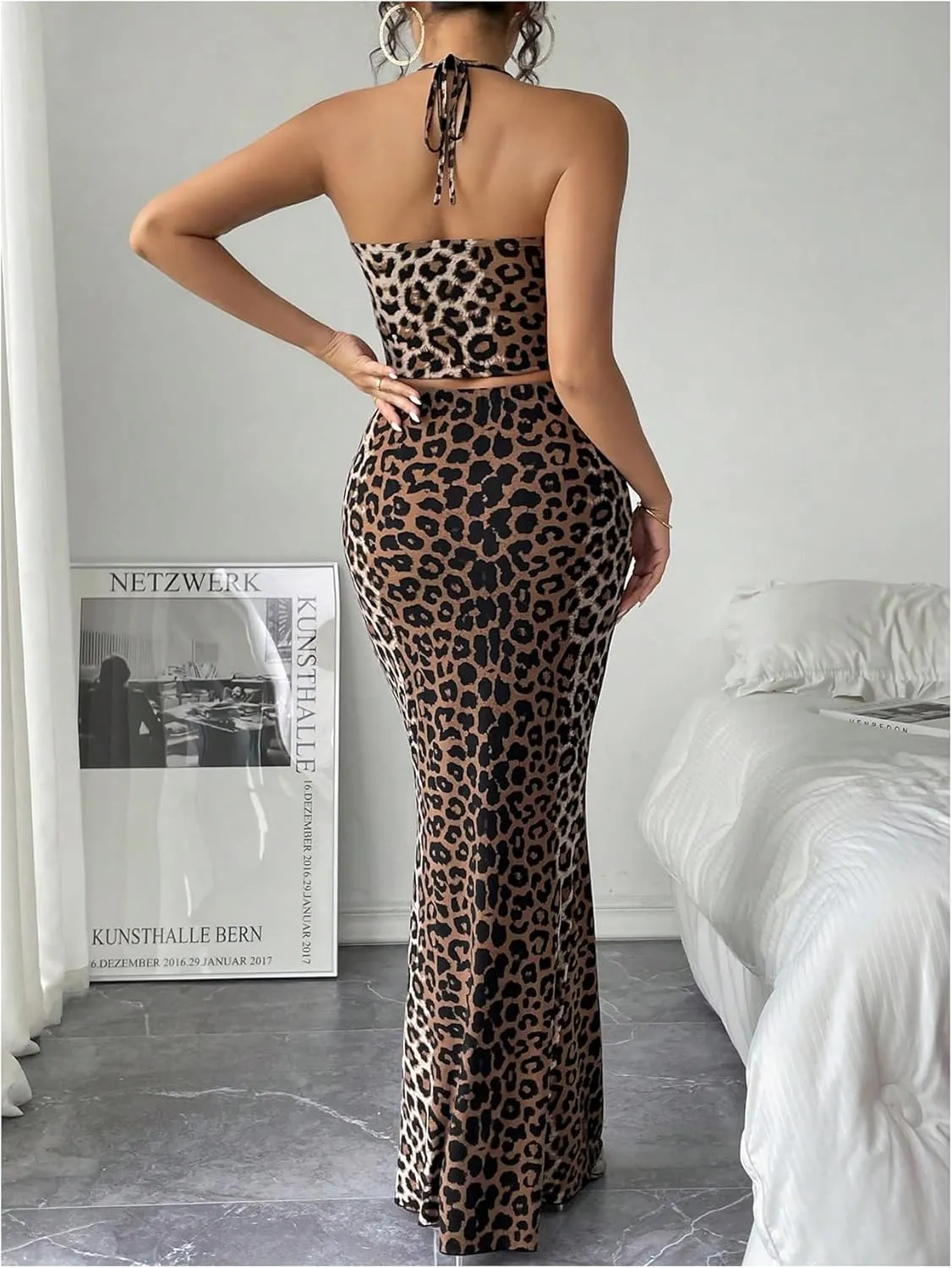 MakeMeChic Women's 2 Piece Outfits Party Skirt Sets Leopard Print Twist Halter Top and Bodycon Maxi Skirt Sets