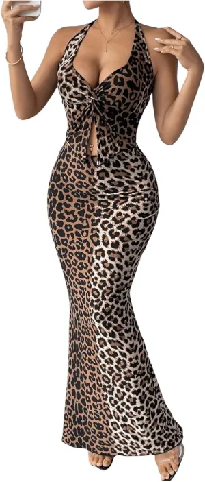 MakeMeChic Women's 2 Piece Outfits Party Skirt Sets Leopard Print Twist Halter Top and Bodycon Maxi Skirt Sets