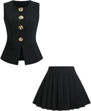 MakeMeChic Women's 2 Piece Suit Sets Metal Button Down Vest Top and Pleated Mini Skirt Set