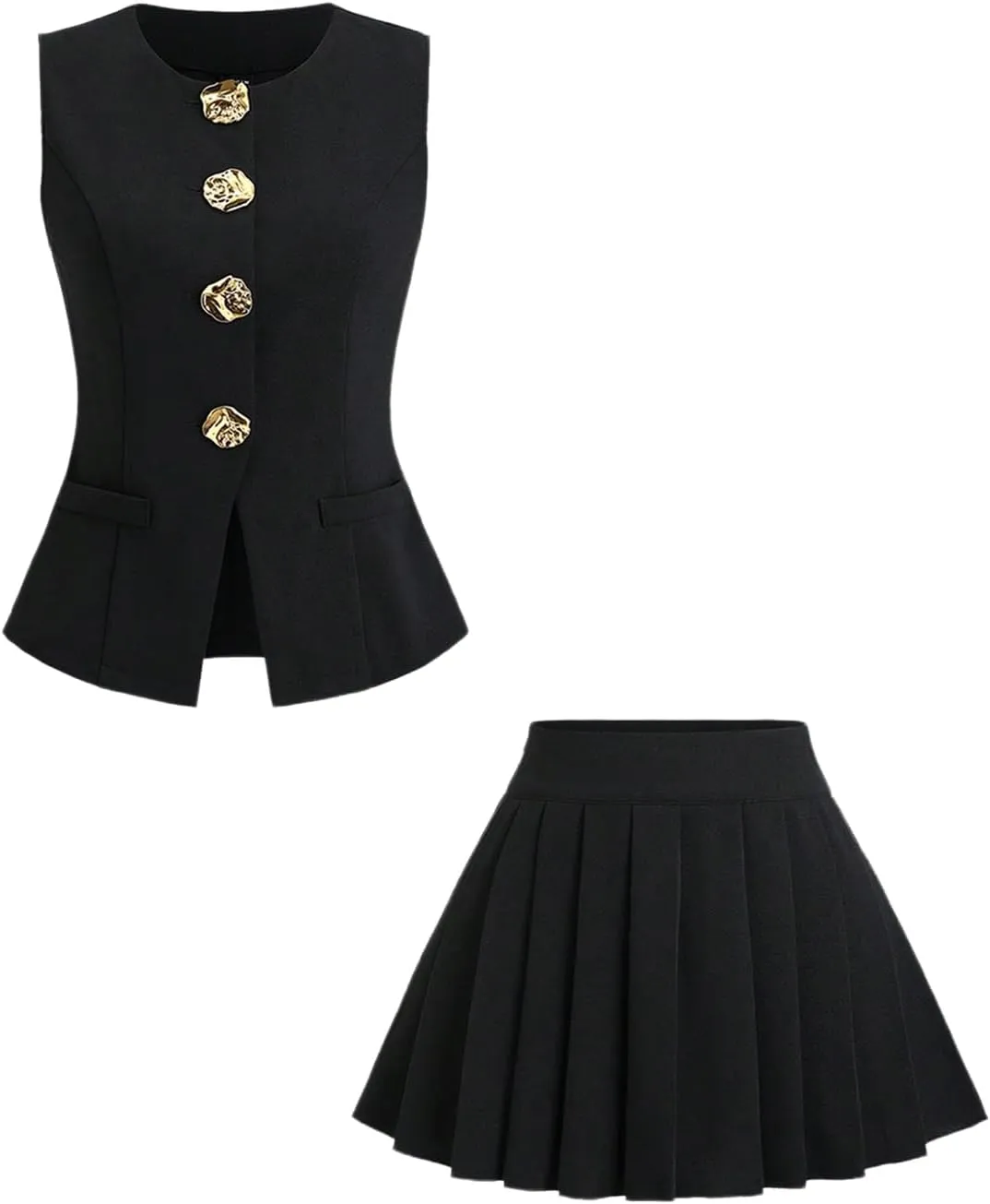 MakeMeChic Women's 2 Piece Suit Sets Metal Button Down Vest Top and Pleated Mini Skirt Set