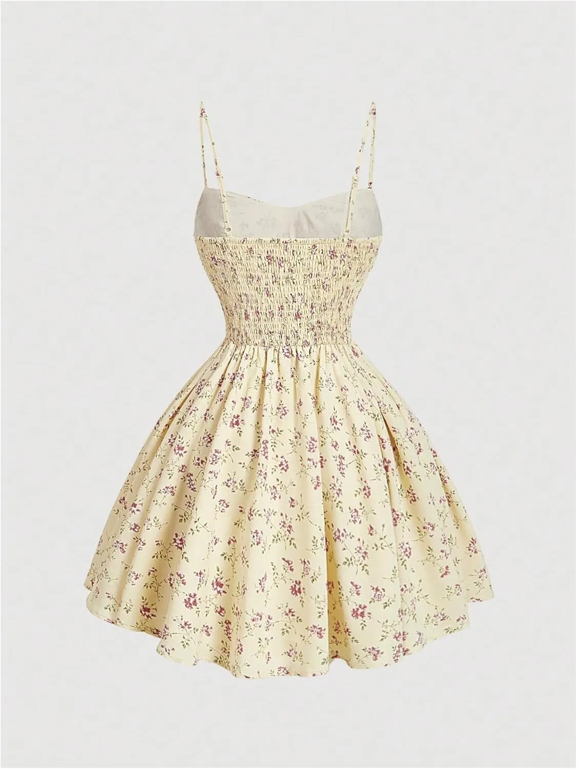MakeMeChic Women's Ditsy Floral Shirred A Line Ruffle Spaghetti Strap Cami Mini Dress