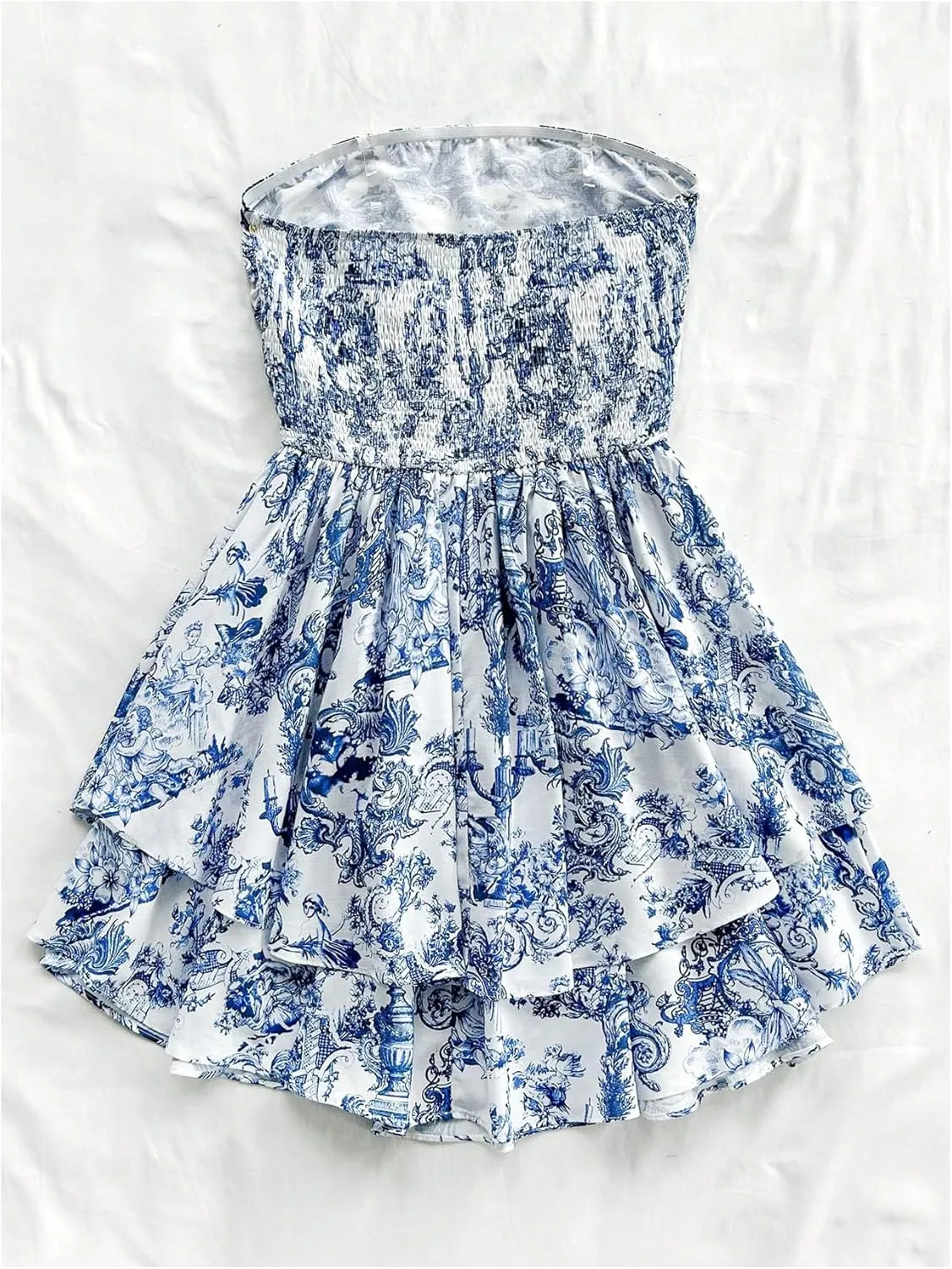 MakeMeChic Women's Floral Bandeau Ruffle Tiered A Line Shirred Boho Vintage Mini Dress