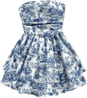 MakeMeChic Women's Floral Bandeau Ruffle Tiered A Line Shirred Boho Vintage Mini Dress
