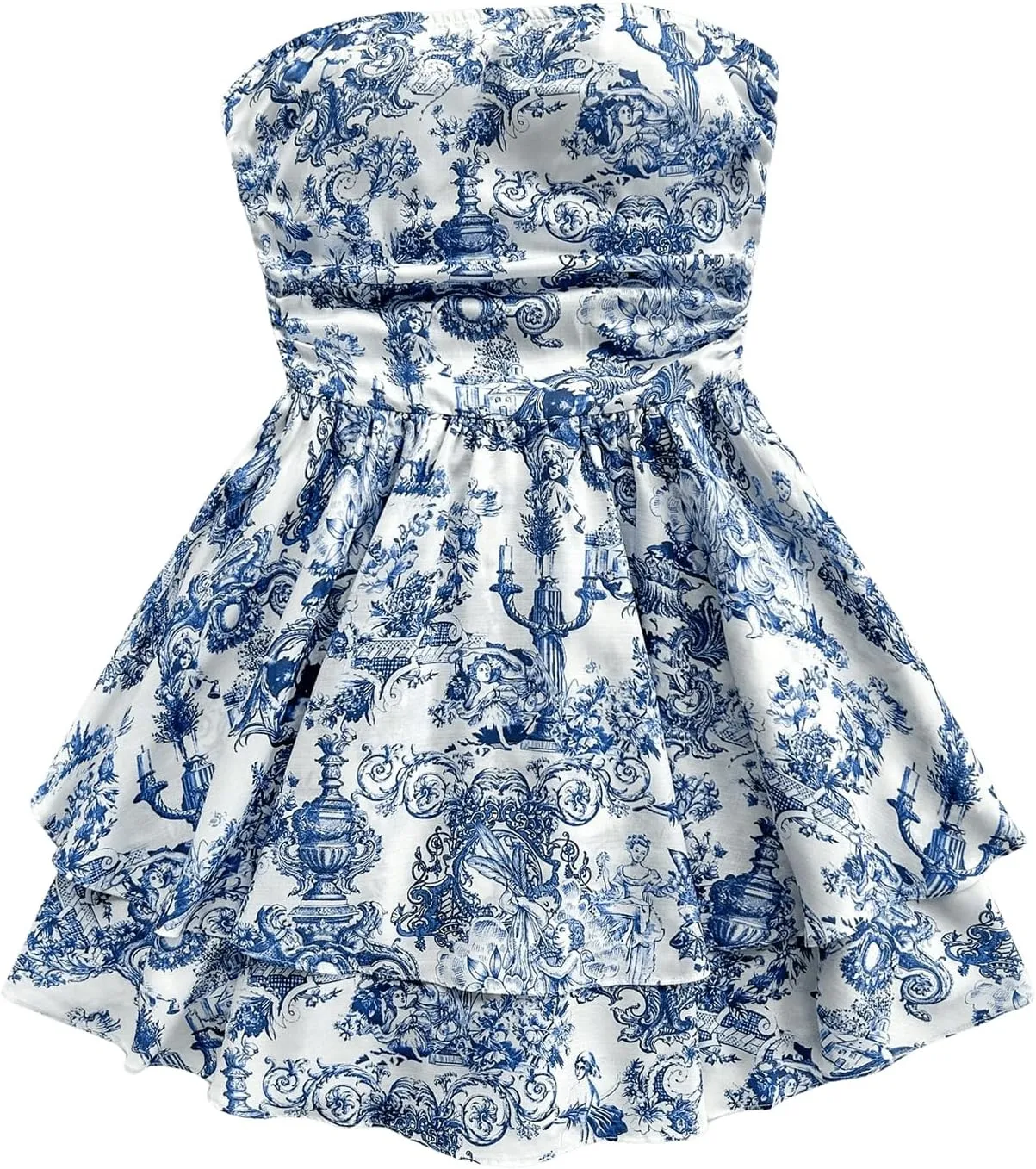 MakeMeChic Women's Floral Bandeau Ruffle Tiered A Line Shirred Boho Vintage Mini Dress