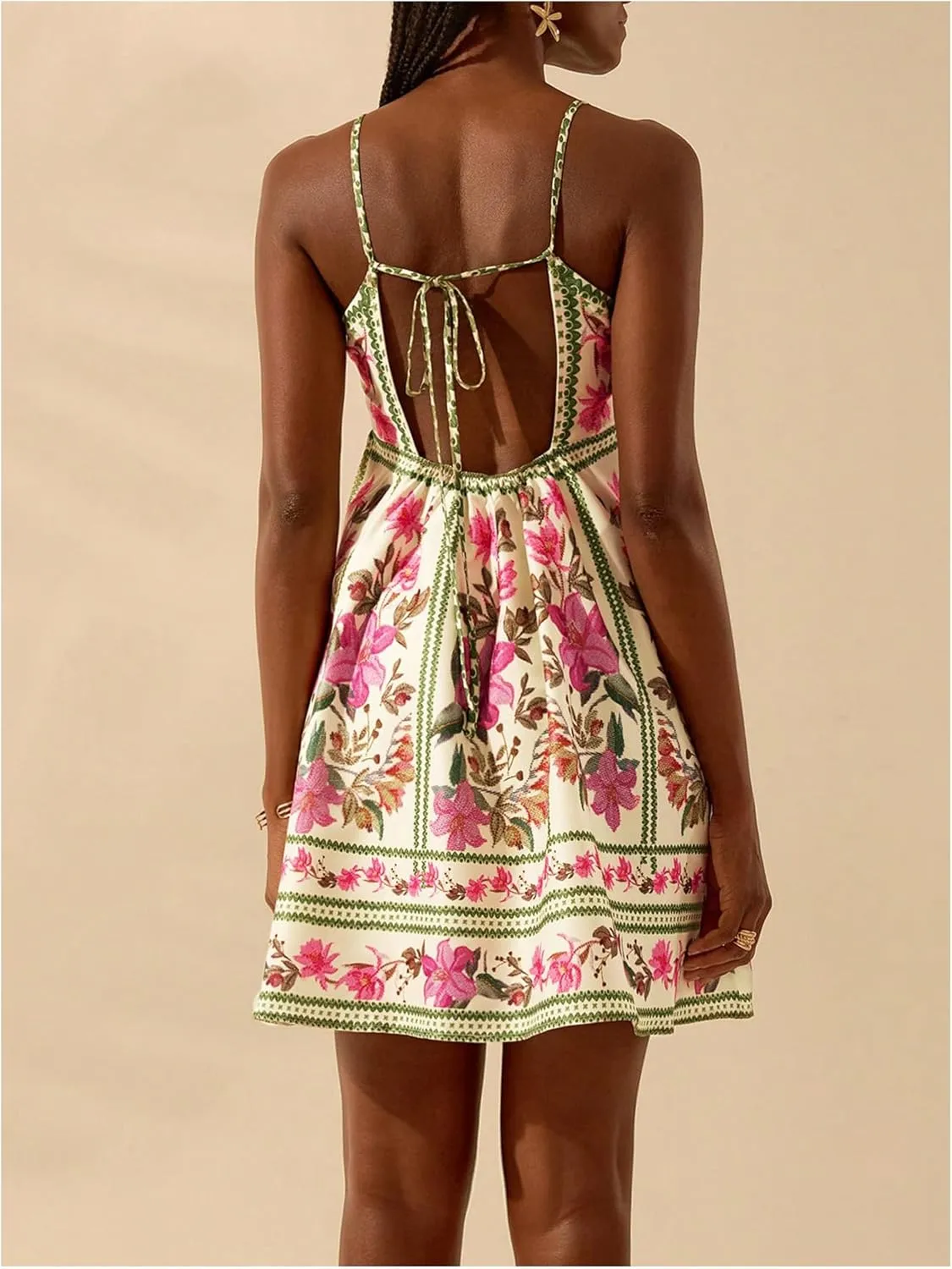 MakeMeChic Women's Floral Boho Dress Sleeveless Vacation Mini Short Dress Tie Backless Sundress