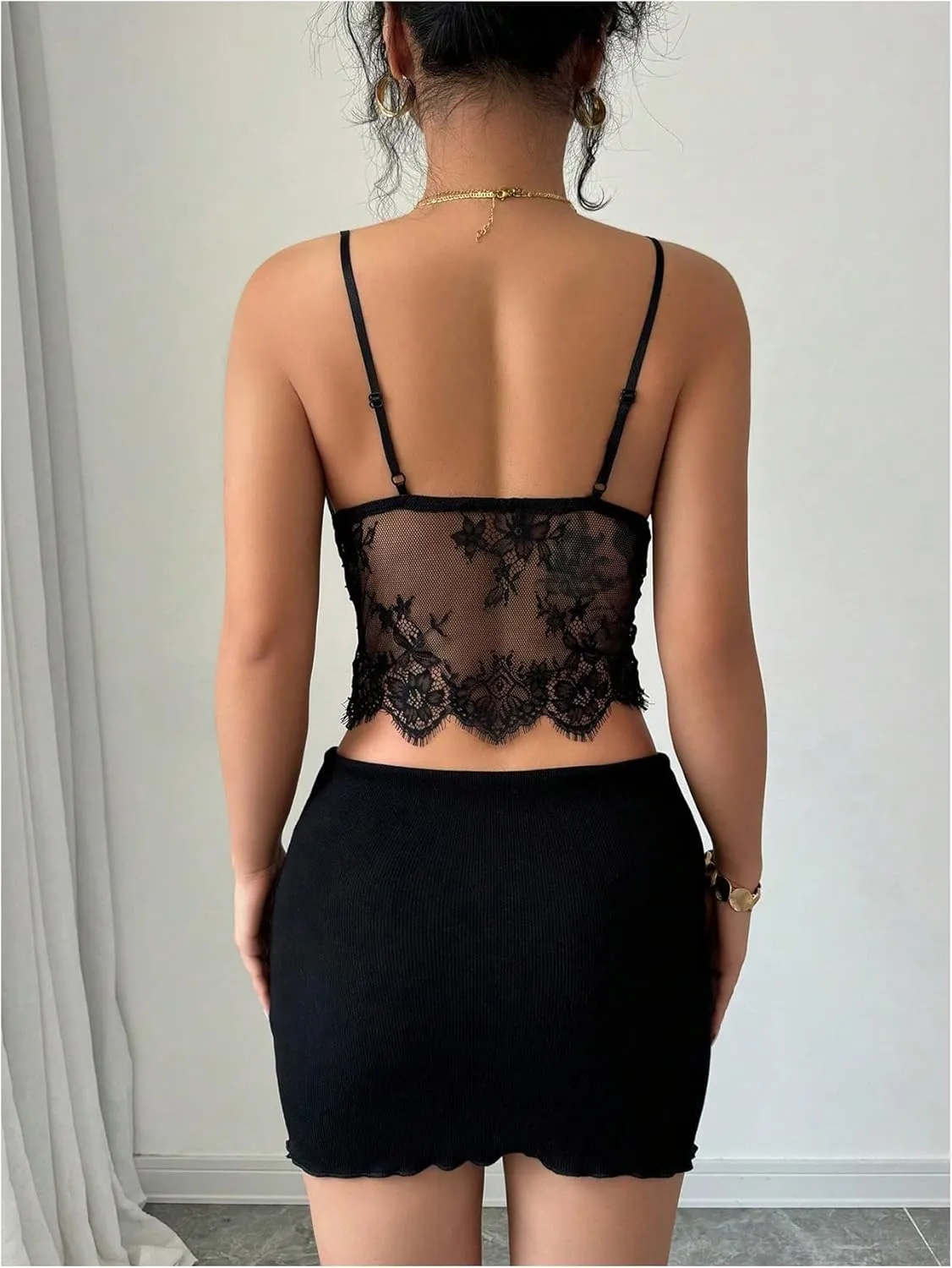 MakeMeChic Women's Floral Lace Top Sheer V Neck Camisole Spaghetti Strap Club Crop Tops